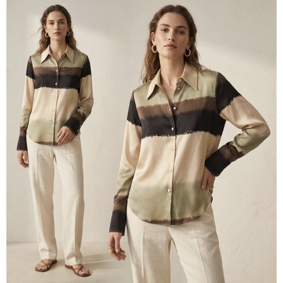 Nanushka Tops - NANUSHKA Mandine Satin Shirt Watercolor Neutral Medium Minimalist Old Money